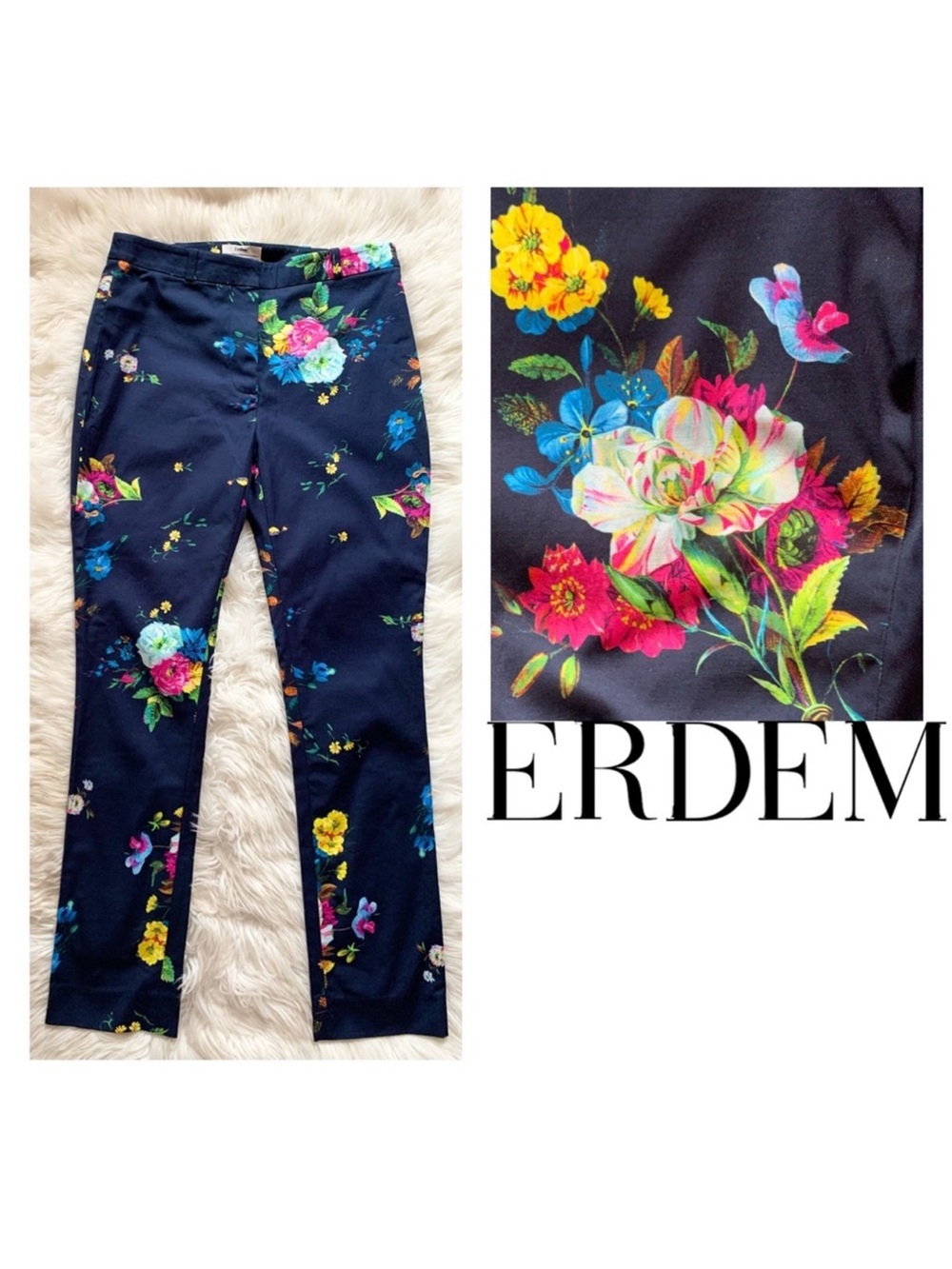 Erdem navy blue floral print cropped tailored pants custom fabric viscose cotton